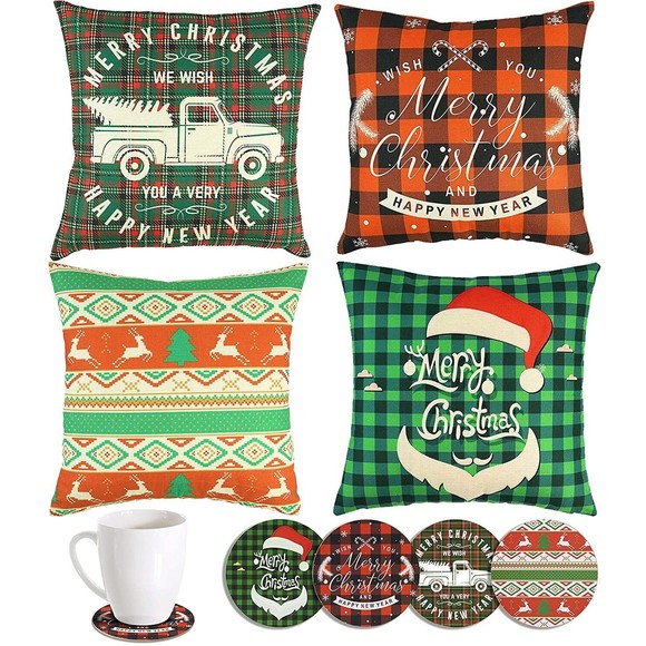Christmas Pillow Covers 18x18 Set of 4, Ceephouge Rustic Christmas Plaid Pillow - Picture 1 of 6